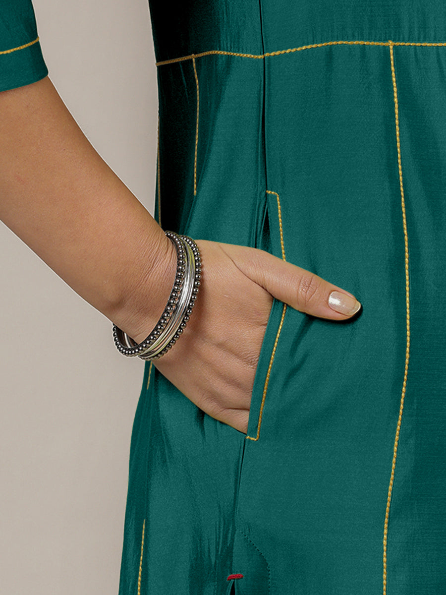 Mahi x Rozaana Kurta, in Green Viscose, featuring three quarter sleeves and round neck with splitline, made for daily & work.