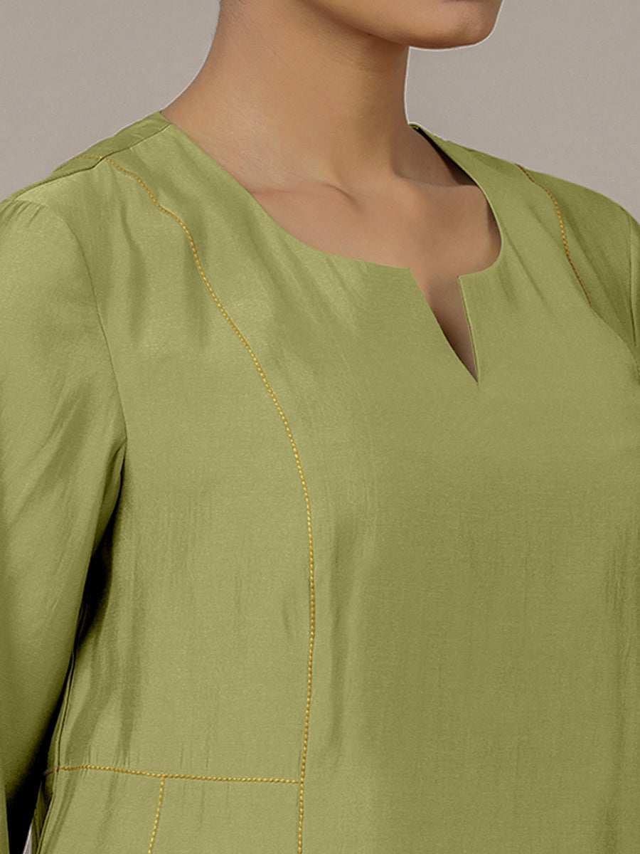 Mahi x Rozaana Kurta, in Green Viscose, featuring three quarter sleeves and round neck with splitline, made for daily & work.