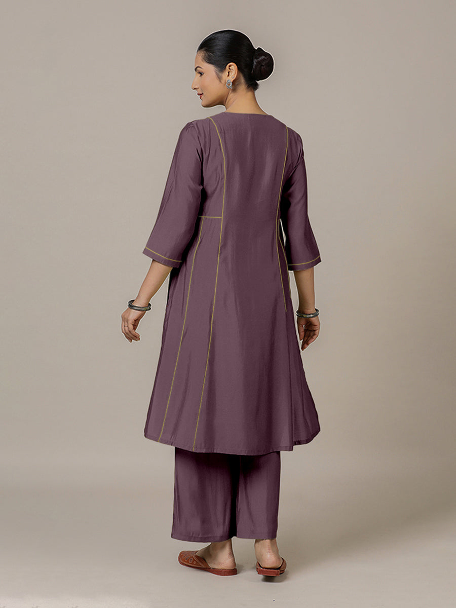 Mahi x Rozaana Kurta, in Purple Viscose, featuring three quarter sleeves and round neck with splitline (view 2).