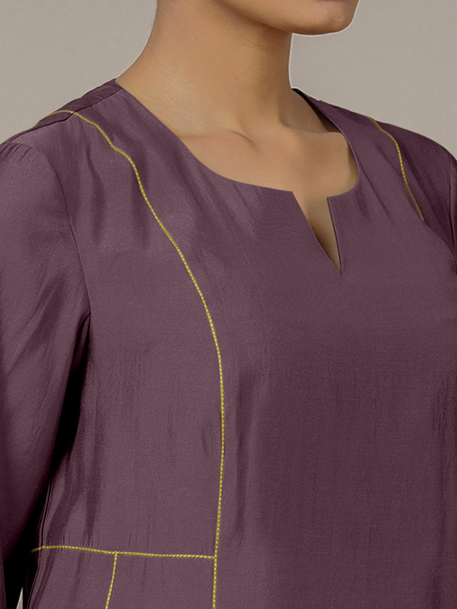 Mahi x Rozaana Kurta, in Purple Viscose, featuring three quarter sleeves and round neck with splitline (view 3).