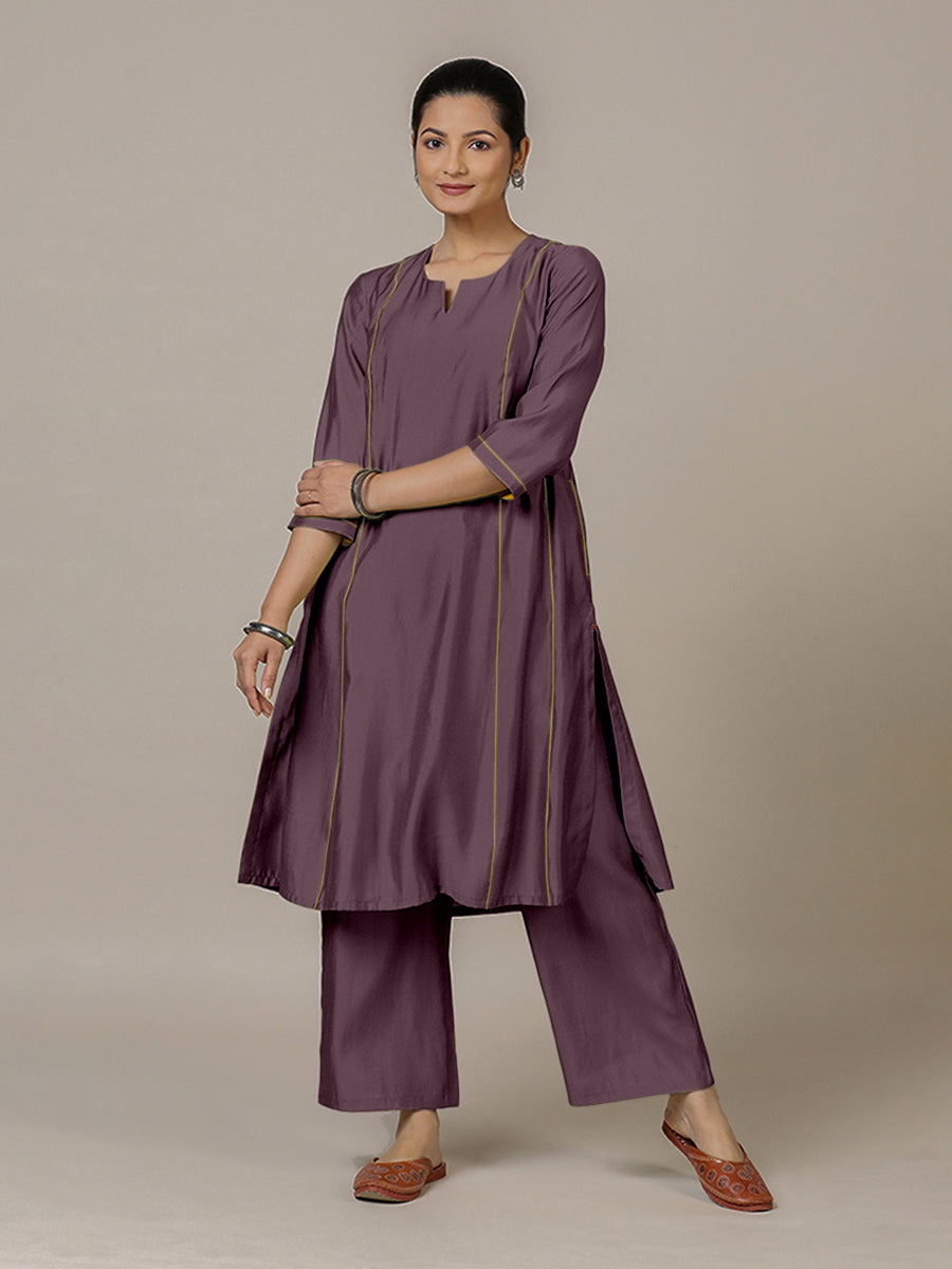 Mahi x Rozaana Kurta, in Purple Viscose, featuring three quarter sleeves and round neck with splitline (view 6).