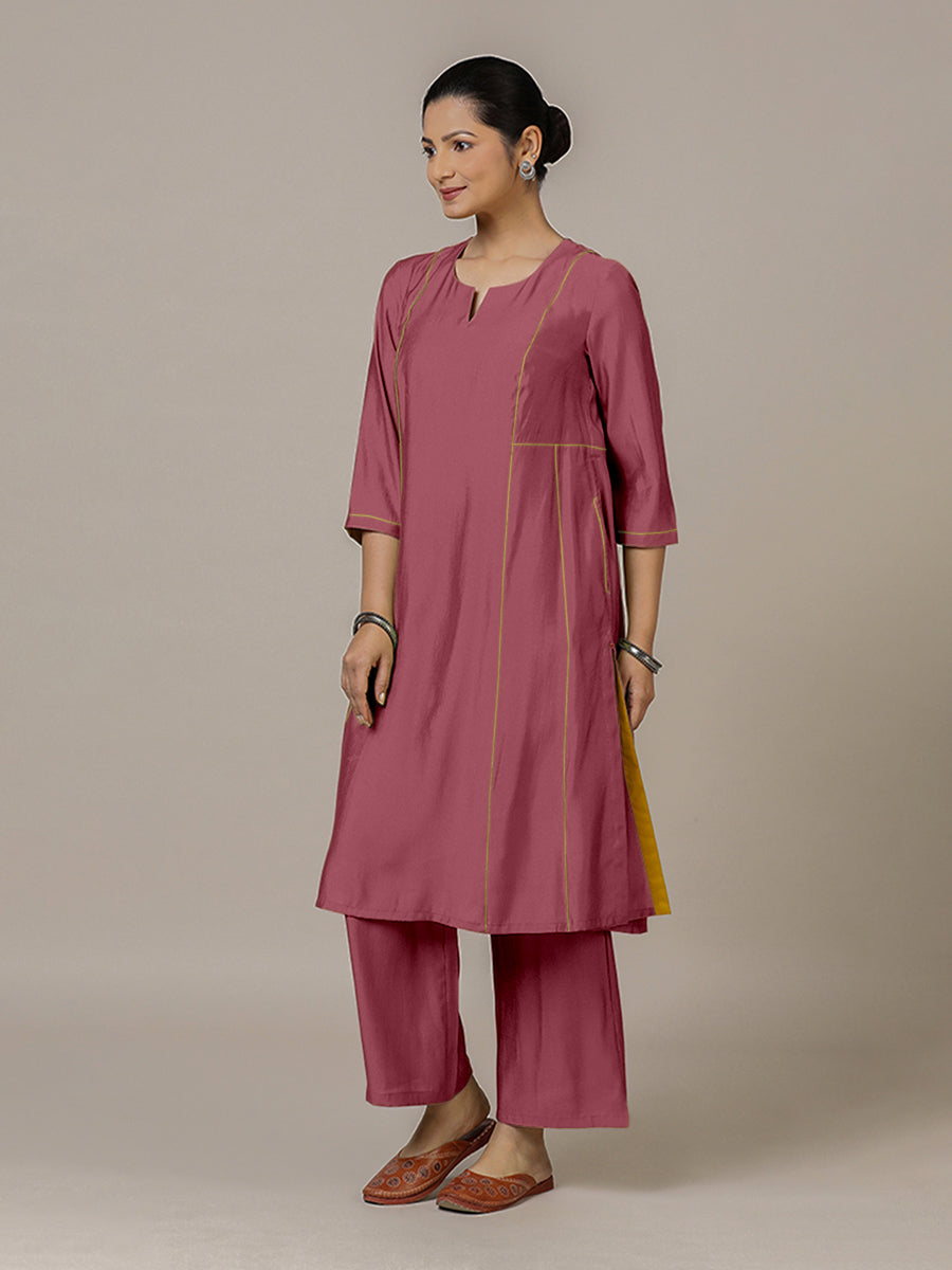 Mahi x Rozaana Kurta, in Pink Viscose, featuring three quarter sleeves and round neck with splitline, made for daily & work.