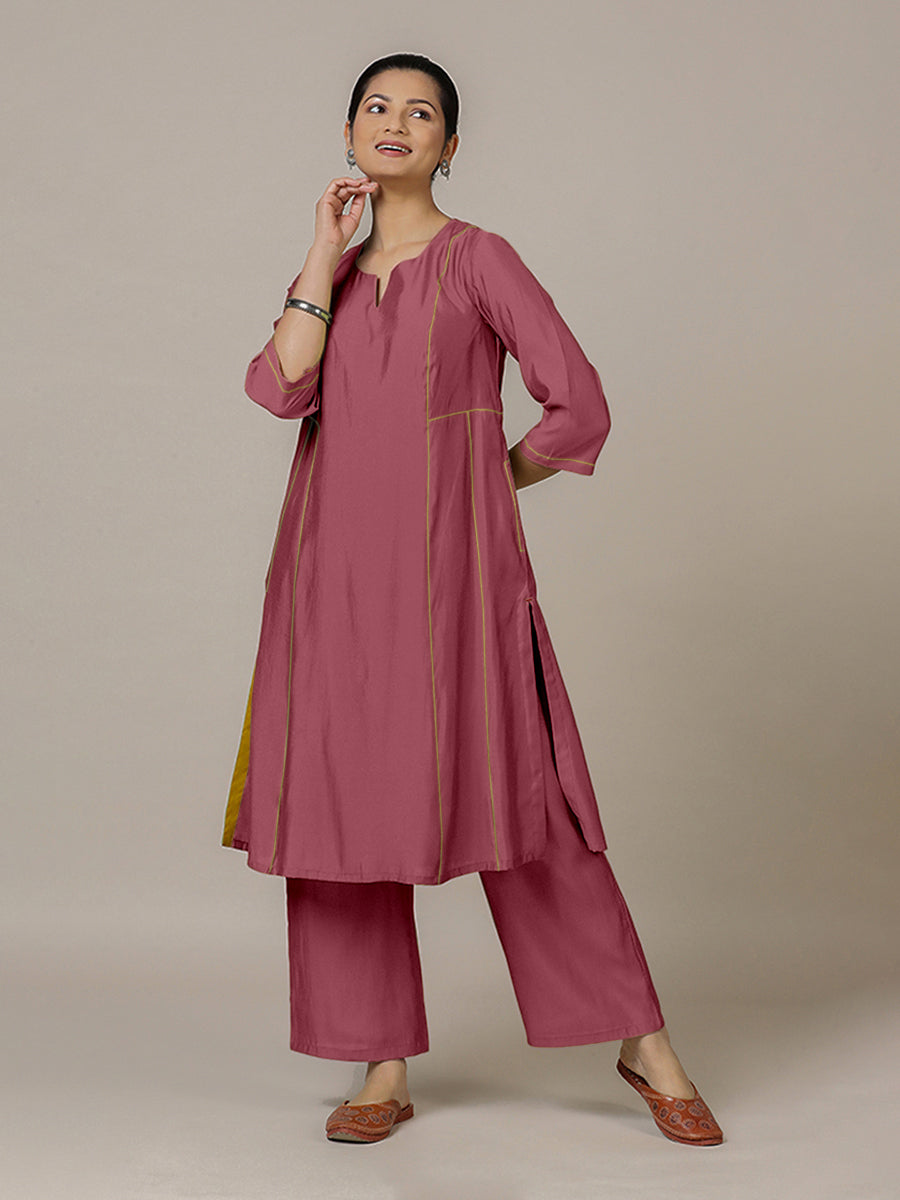 Mahi x Rozaana Kurta, in Pink Viscose, featuring three quarter sleeves and round neck with splitline, made for daily & work.