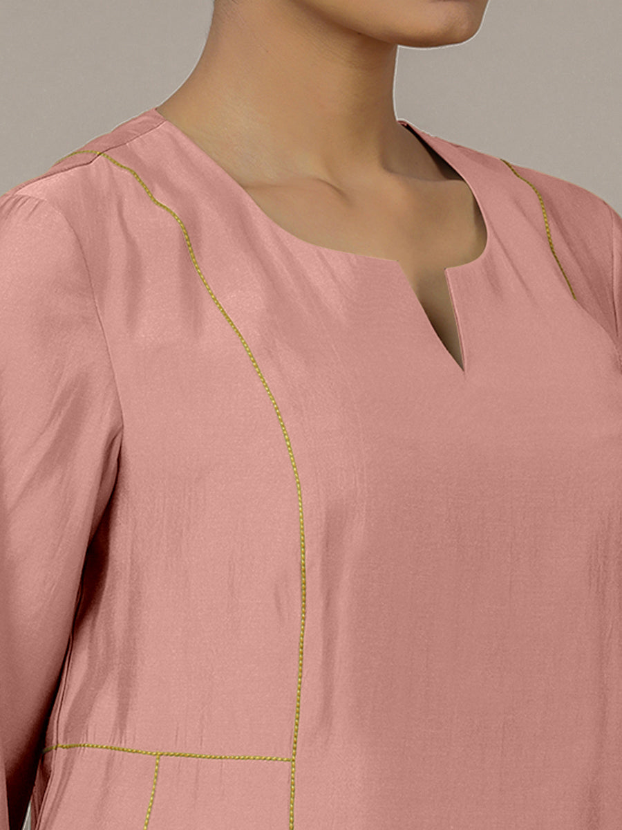 Mahi x Rozaana Kurta, in Pink Viscose, featuring three quarter sleeves and round neck with splitline, made for daily & work.