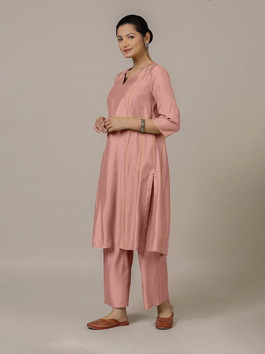 Mahi x Rozaana Kurta, in Pink Viscose, featuring three quarter sleeves and round neck with splitline, made for daily & work.