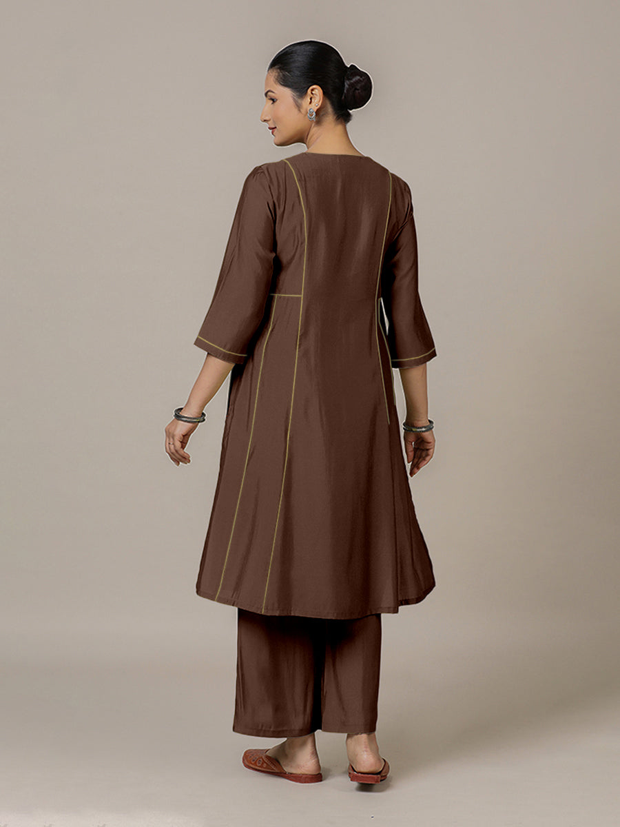 Mahi x Rozaana Kurta, in Brown Viscose, featuring three quarter sleeves and round neck with splitline, made for daily & work.