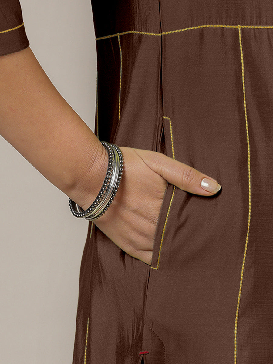 Mahi x Rozaana Kurta, in Brown Viscose, featuring three quarter sleeves and round neck with splitline, made for daily & work.
