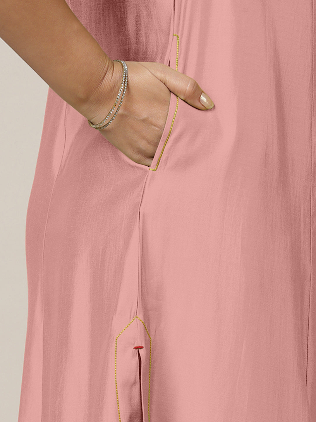 Mirha x Rozaana Kurta, in Pink Viscose, featuring sleeveless and v-neckline, made for daily & work (view 3).
