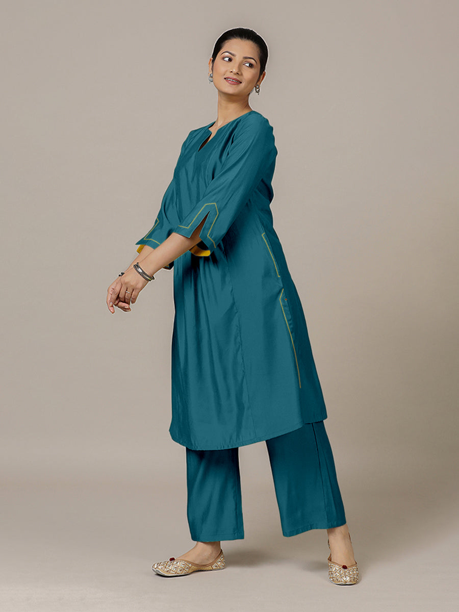 Nimrat x Rozaana Kurta, in Blue Viscose, featuring three quarter sleeves and round neck with splitline (view 7).
