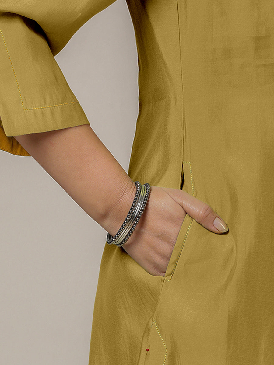 Nimrat x Rozaana Kurta, in Yellow Viscose, featuring three quarter sleeves and round neck with splitline (view 4).