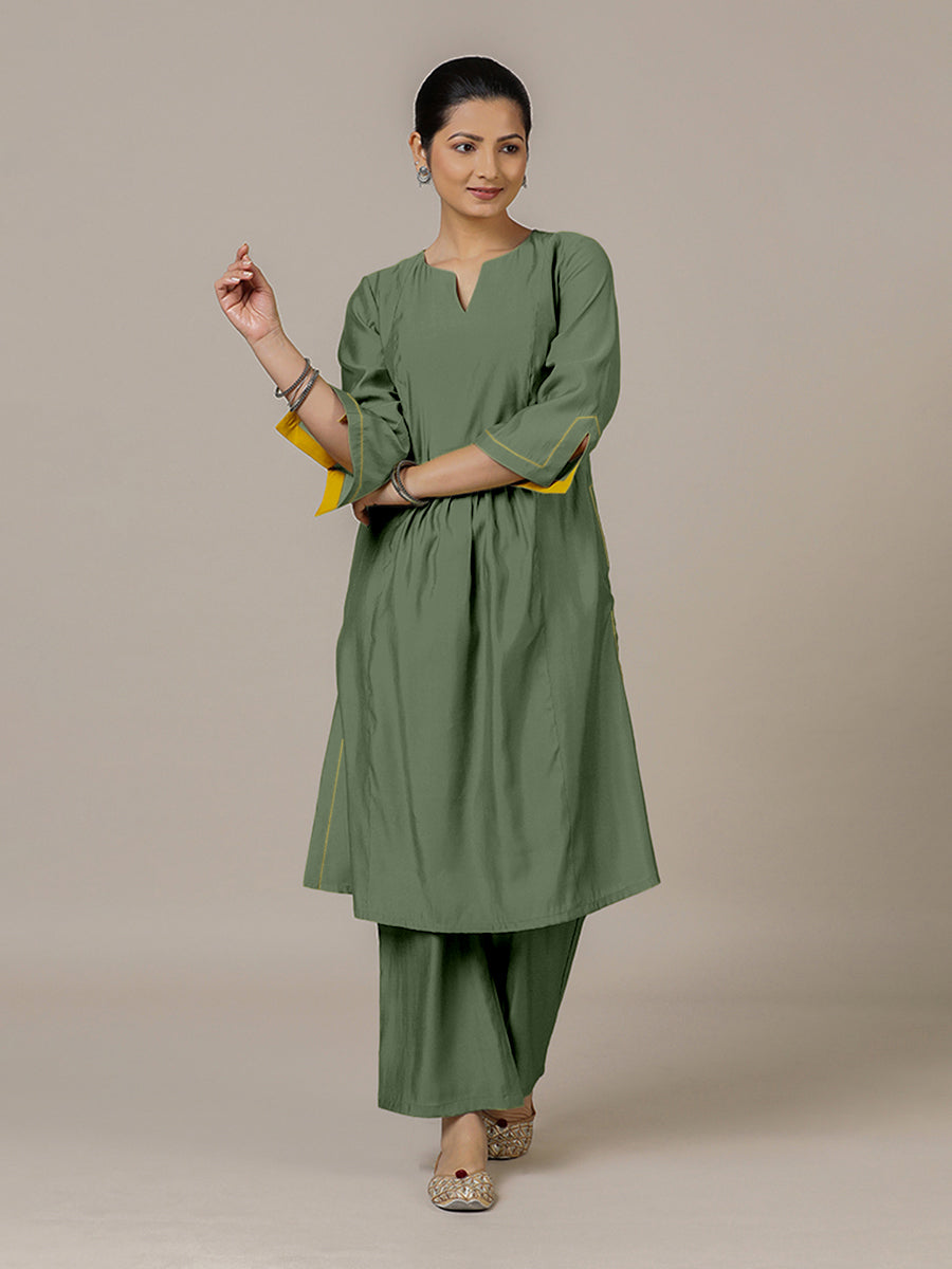 Nimrat x Rozaana Kurta, in Green Viscose, featuring three quarter sleeves and round neck with splitline (view 6).