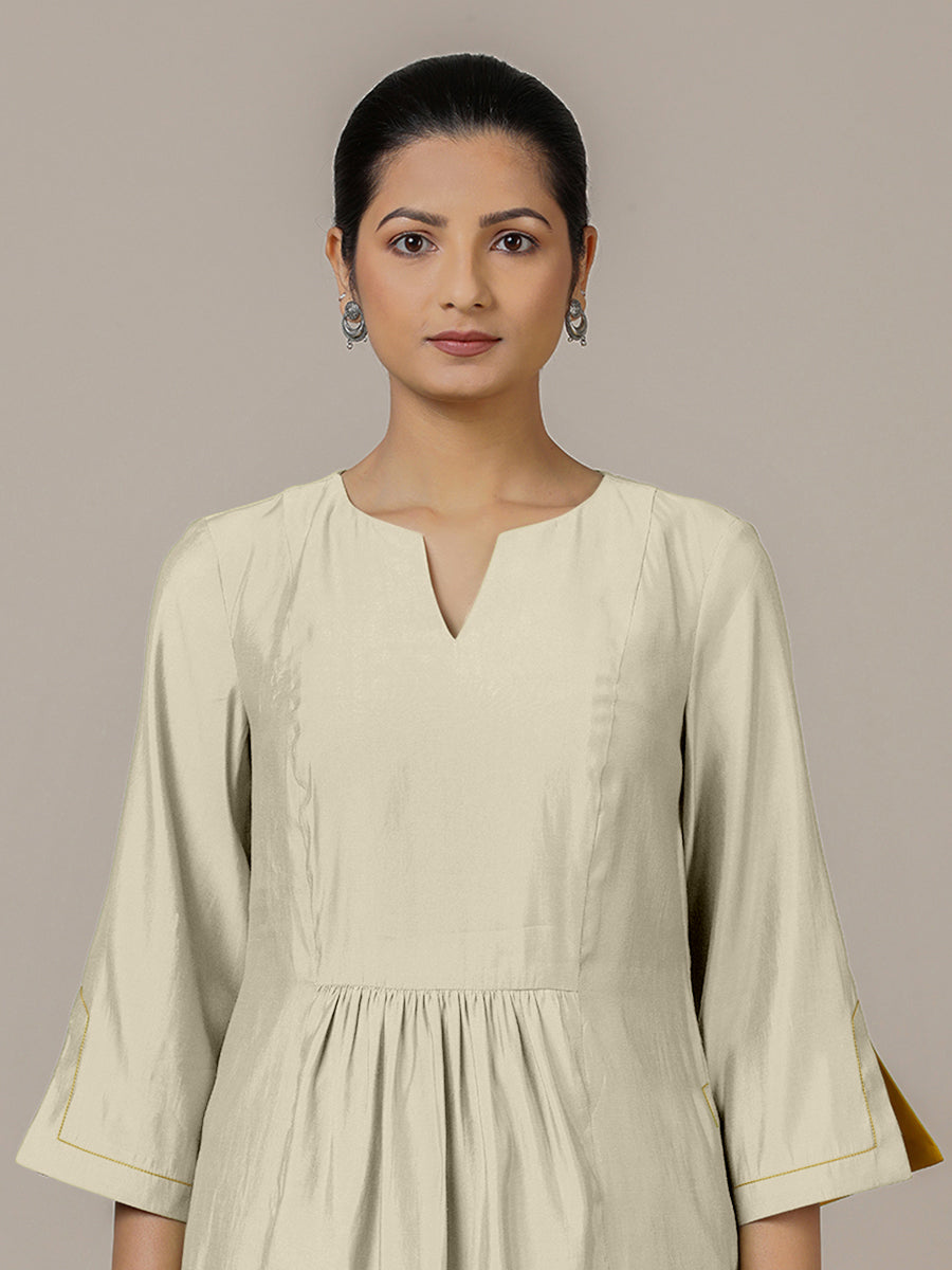 Nimrat x Rozaana Kurta, in Cream Viscose, featuring three quarter sleeves and round neck with splitline (view 3).