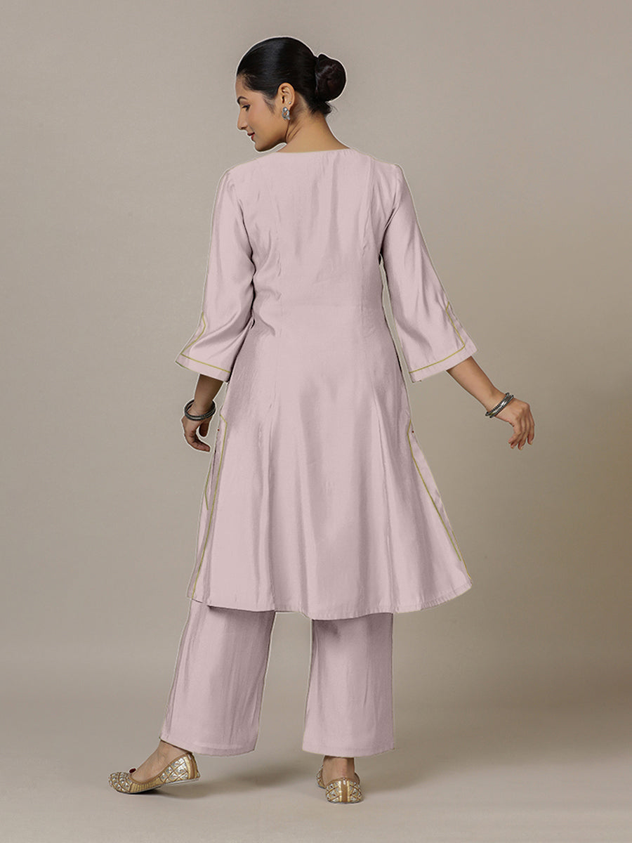 Nimrat x Rozaana Kurta, in Purple Viscose, featuring three quarter sleeves and round neck with splitline (view 2).