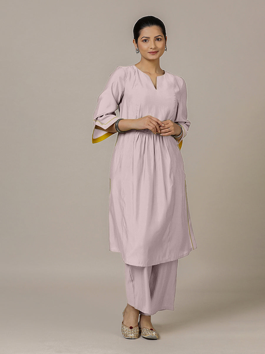 Nimrat x Rozaana Kurta, in Purple Viscose, featuring three quarter sleeves and round neck with splitline (view 7).