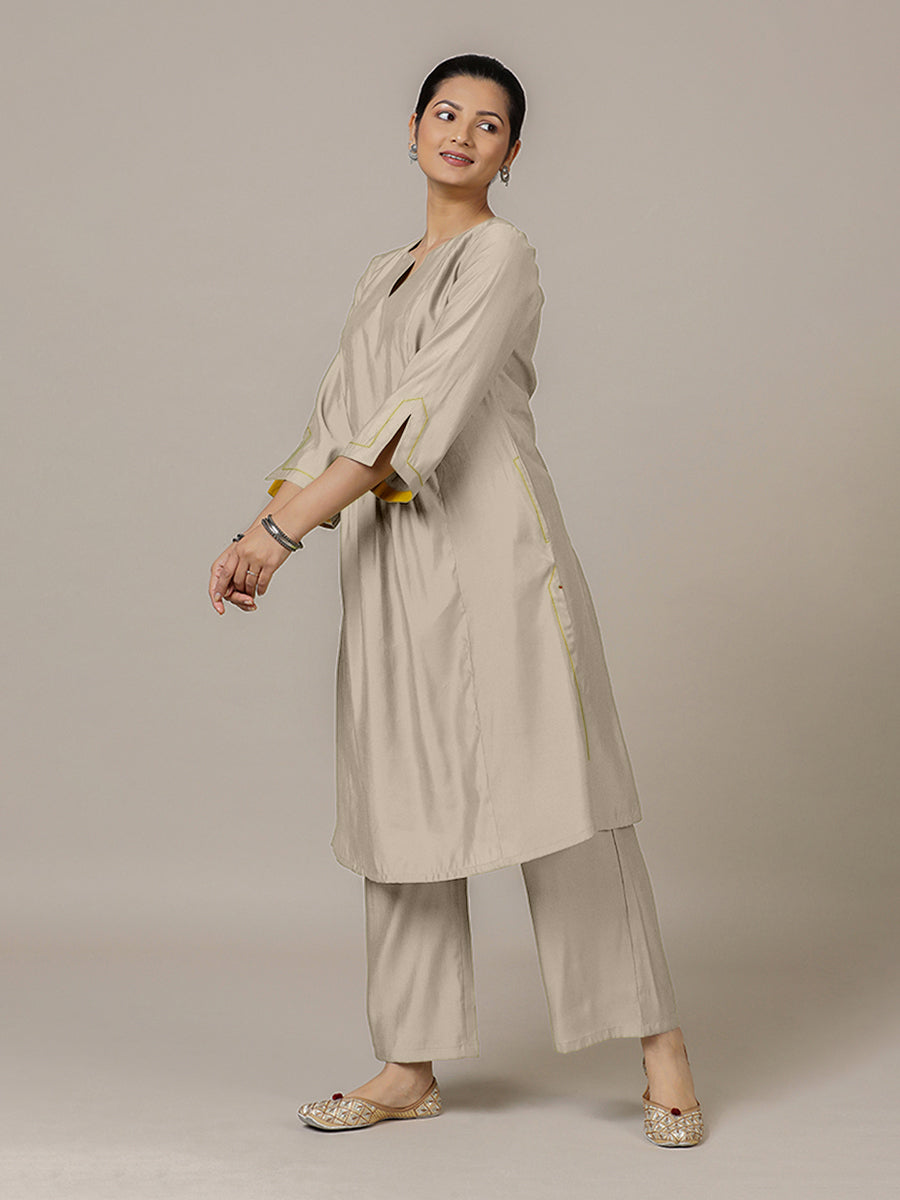 Nimrat x Rozaana Kurta, in Grey Viscose, featuring three quarter sleeves and round neck with splitline (view 7).