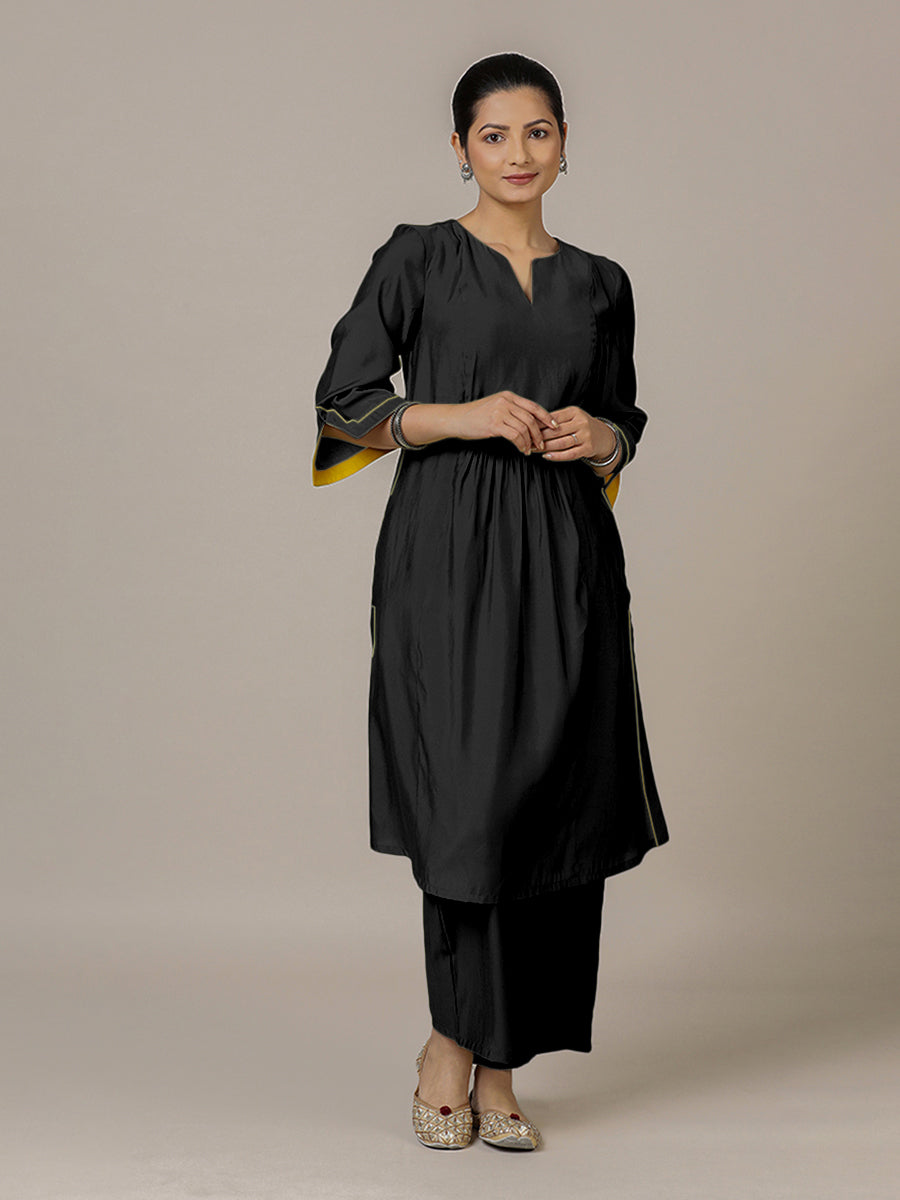 Nimrat x Rozaana Kurta, in Black Viscose, featuring three quarter sleeves and round neck with splitline (view 6).