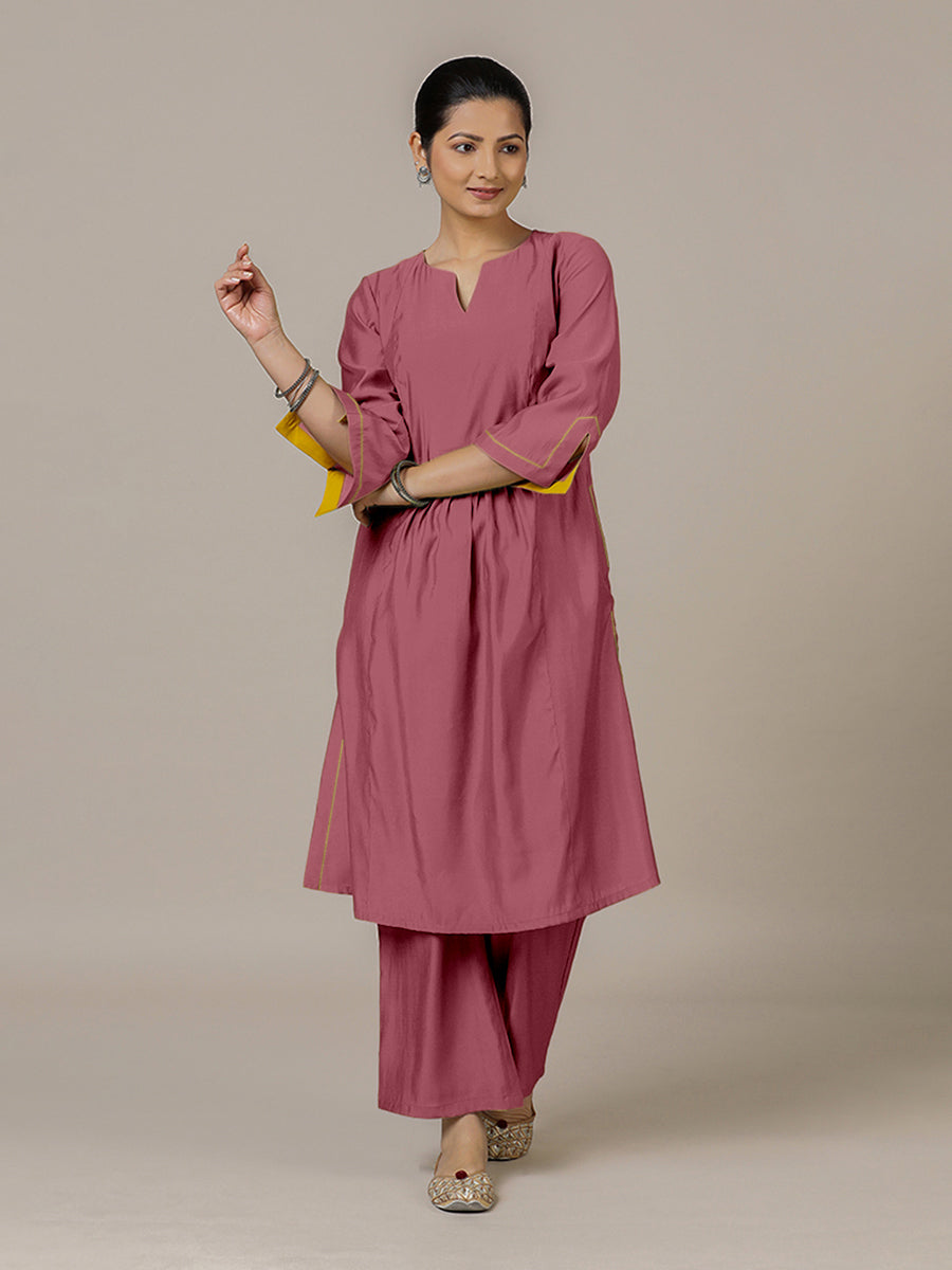 Nimrat x Rozaana Kurta, in Pink Viscose, featuring three quarter sleeves and round neck with splitline (view 6).