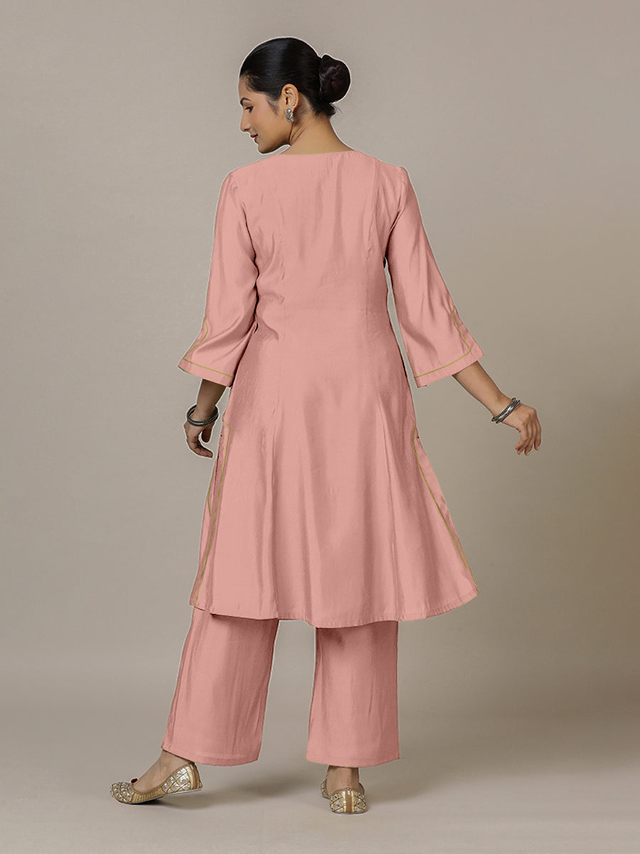 Nimrat x Rozaana Kurta, in Pink Viscose, featuring three quarter sleeves and round neck with splitline (view 2).