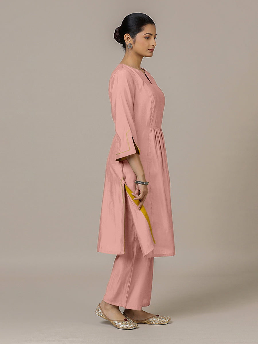 Nimrat x Rozaana Kurta, in Pink Viscose, featuring three quarter sleeves and round neck with splitline (view 5).