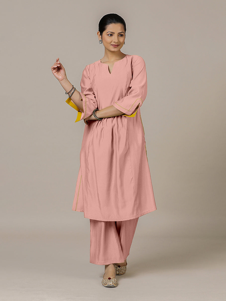 Nimrat x Rozaana Kurta, in Pink Viscose, featuring three quarter sleeves and round neck with splitline (view 6).