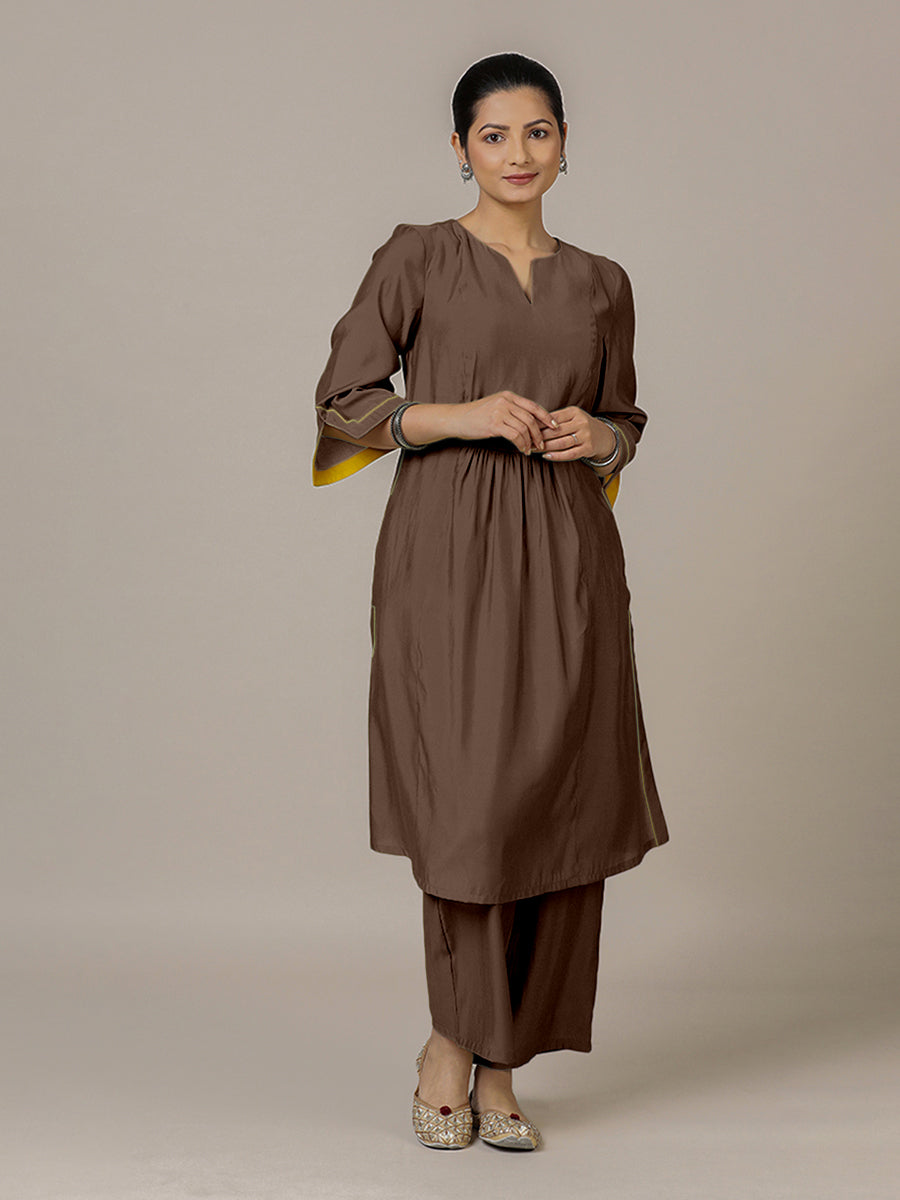Nimrat x Rozaana Kurta, in Brown Viscose, featuring three quarter sleeves and round neck with splitline (view 7).