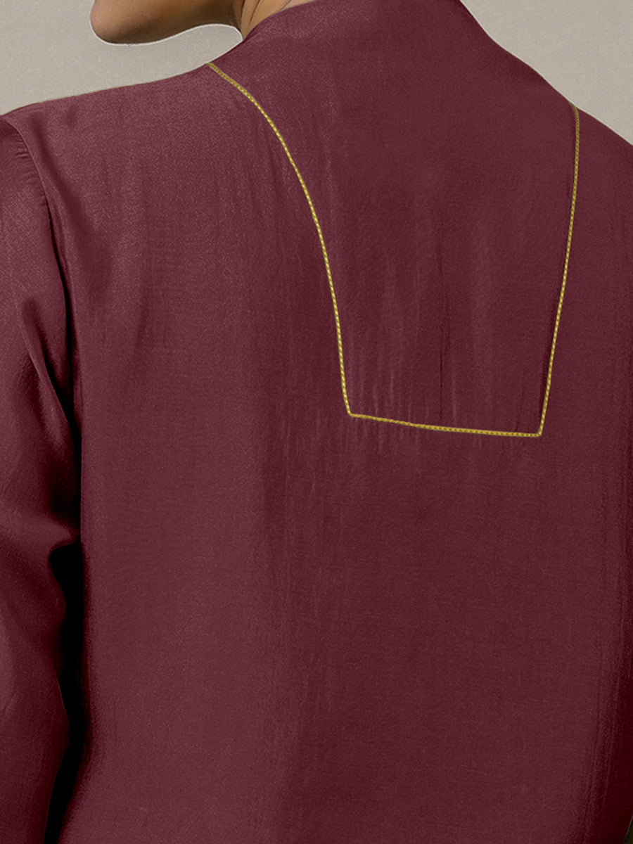 Paakhi x Rozaana Kurta, in Maroon Viscose, featuring three quarter sleeves and round neck with splitline (view 4).