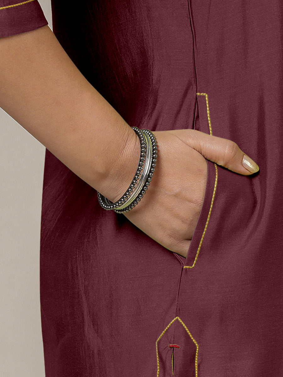 Paakhi x Rozaana Kurta, in Maroon Viscose, featuring three quarter sleeves and round neck with splitline (view 5).
