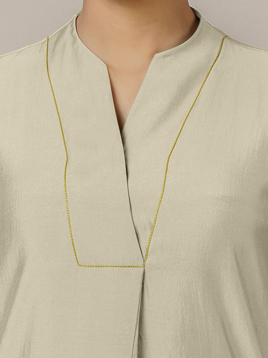 Paakhi x Rozaana Kurta, in Cream Viscose, featuring three quarter sleeves and round neck with splitline (view 3).