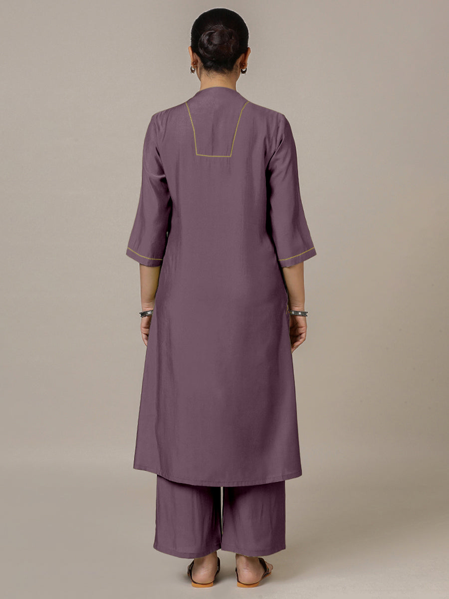Paakhi x Rozaana Kurta, in Purple Viscose, featuring three quarter sleeves and round neck with splitline (view 2).