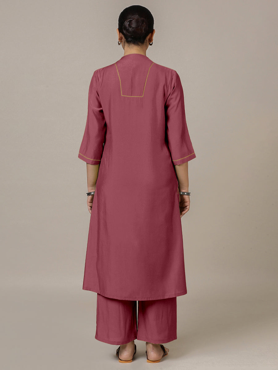 Paakhi x Rozaana Kurta, in Pink Viscose, featuring three quarter sleeves and round neck with splitline (view 2).