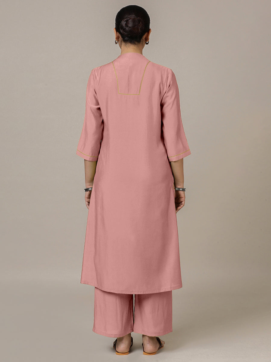 Paakhi x Rozaana Kurta, in Pink Viscose, featuring three quarter sleeves and round neck with splitline (view 2).