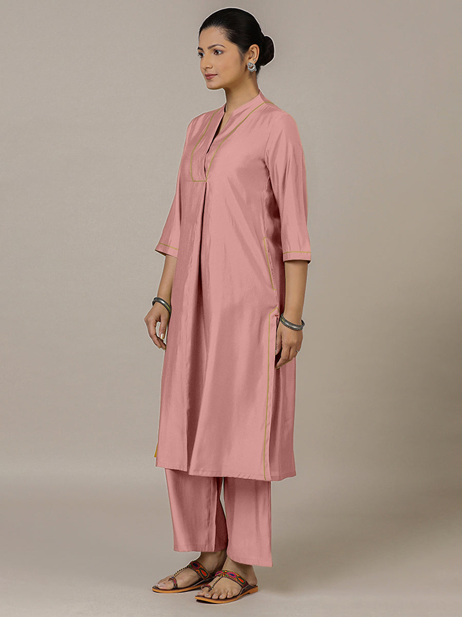 Paakhi x Rozaana Kurta, in Pink Viscose, featuring three quarter sleeves and round neck with splitline (view 7).