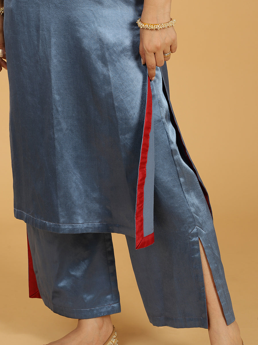 Penaaz x Tyohaar Kurta, in Blue Vegan Silk, featuring three quarter sleeves and round neck with splitline (view 5).