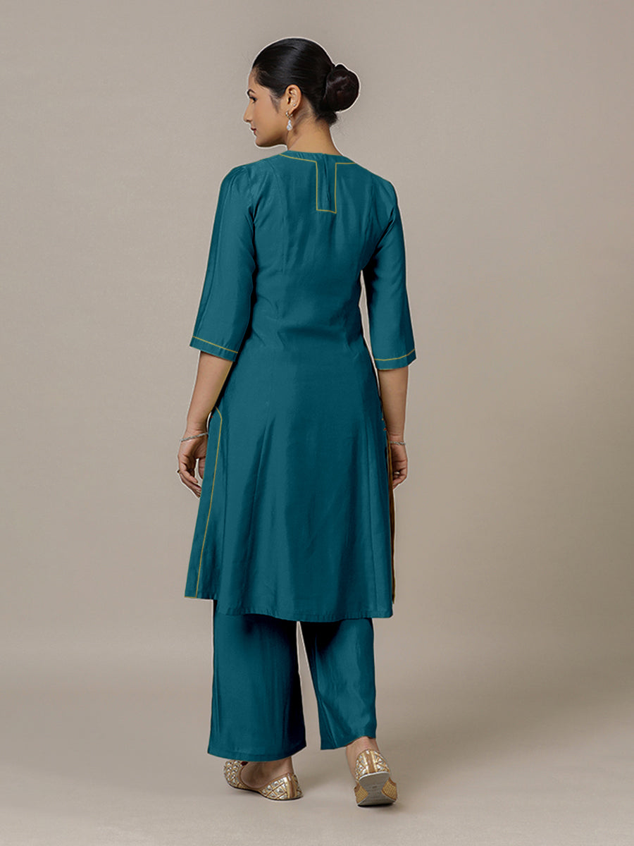 Piya x Rozaana Kurta, in Blue Viscose, featuring three quarter sleeves and v-neckline, made for daily & work (view 2).