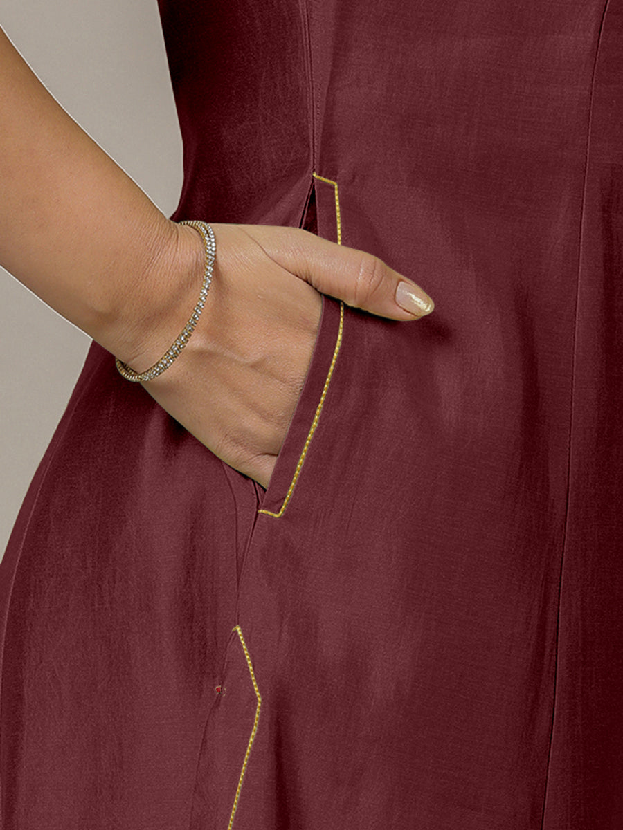 Piya x Rozaana Kurta, in Maroon Viscose, featuring three quarter sleeves and v-neckline, made for daily & work (view 5).