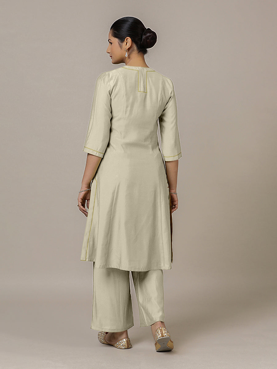 Piya x Rozaana Kurta, in Cream Viscose, featuring three quarter sleeves and v-neckline, made for daily & work (view 2).