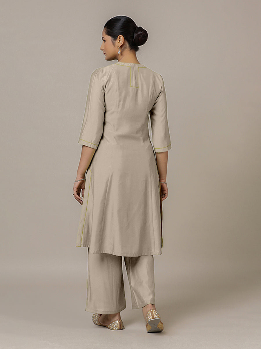 Piya x Rozaana Kurta, in Grey Viscose, featuring three quarter sleeves and v-neckline, made for daily & work (view 2).