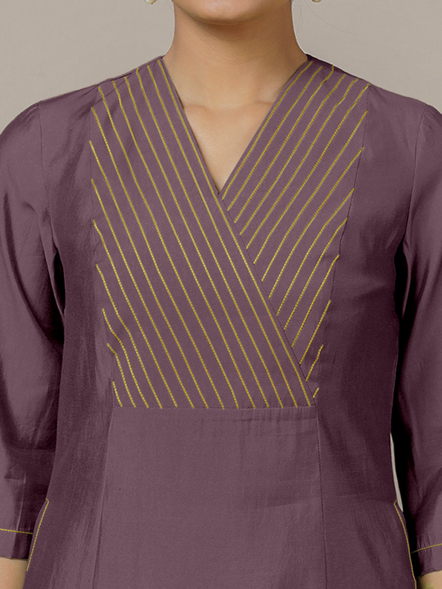 Piya x Rozaana Kurta, in Purple Viscose, featuring three quarter sleeves and v-neckline, made for daily & work (view 3).