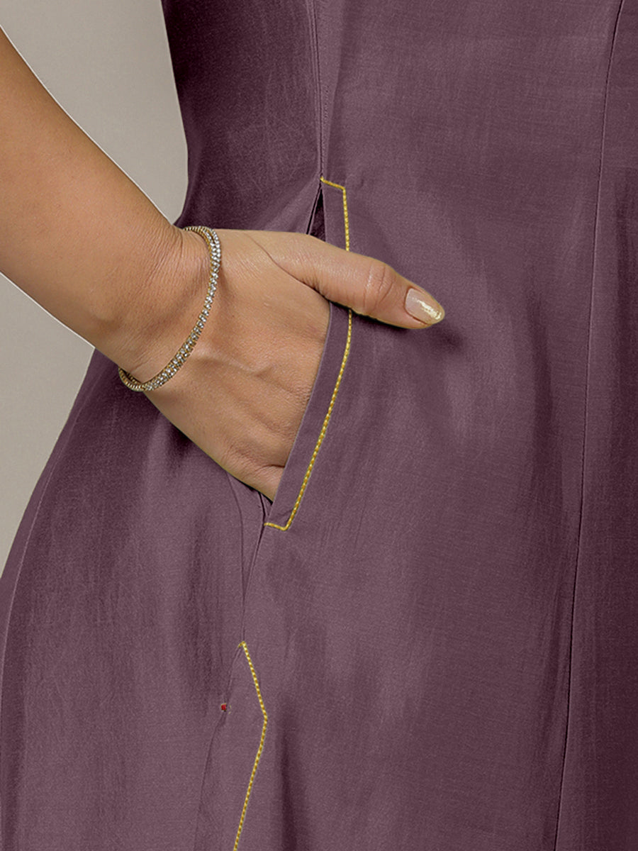 Piya x Rozaana Kurta, in Purple Viscose, featuring three quarter sleeves and v-neckline, made for daily & work (view 5).