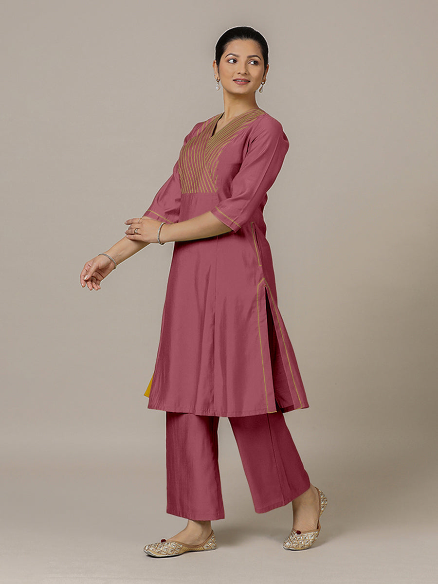Piya x Rozaana Kurta, in Pink Viscose, featuring three quarter sleeves and v-neckline, made for daily & work (view 6).
