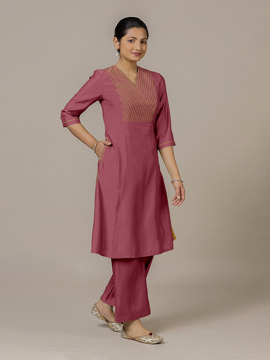 Piya x Rozaana Kurta, in Pink Viscose, featuring three quarter sleeves and v-neckline, made for daily & work (view 7).