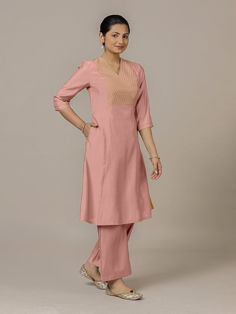 Piya x Rozaana Kurta, in Pink Viscose, featuring three quarter sleeves and v-neckline, made for daily & work (view 6).