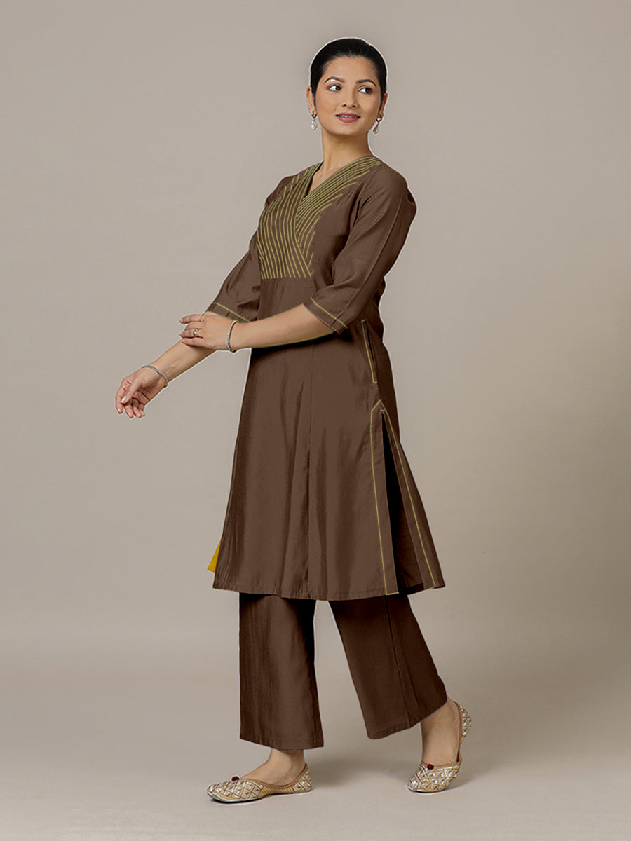 Piya x Rozaana Kurta, in Brown Viscose, featuring three quarter sleeves and v-neckline, made for daily & work.