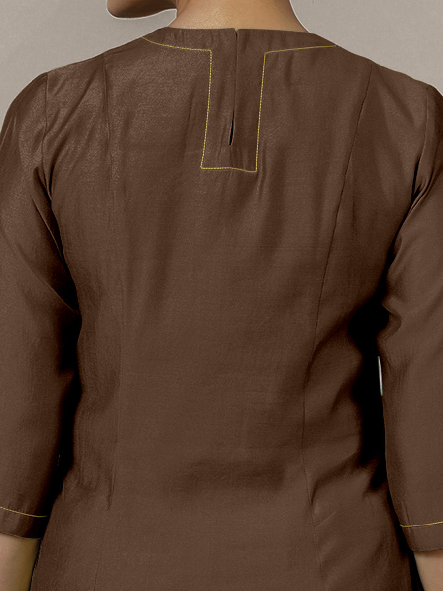 Piya x Rozaana Kurta, in Brown Viscose, featuring three quarter sleeves and v-neckline, made for daily & work (view 4).