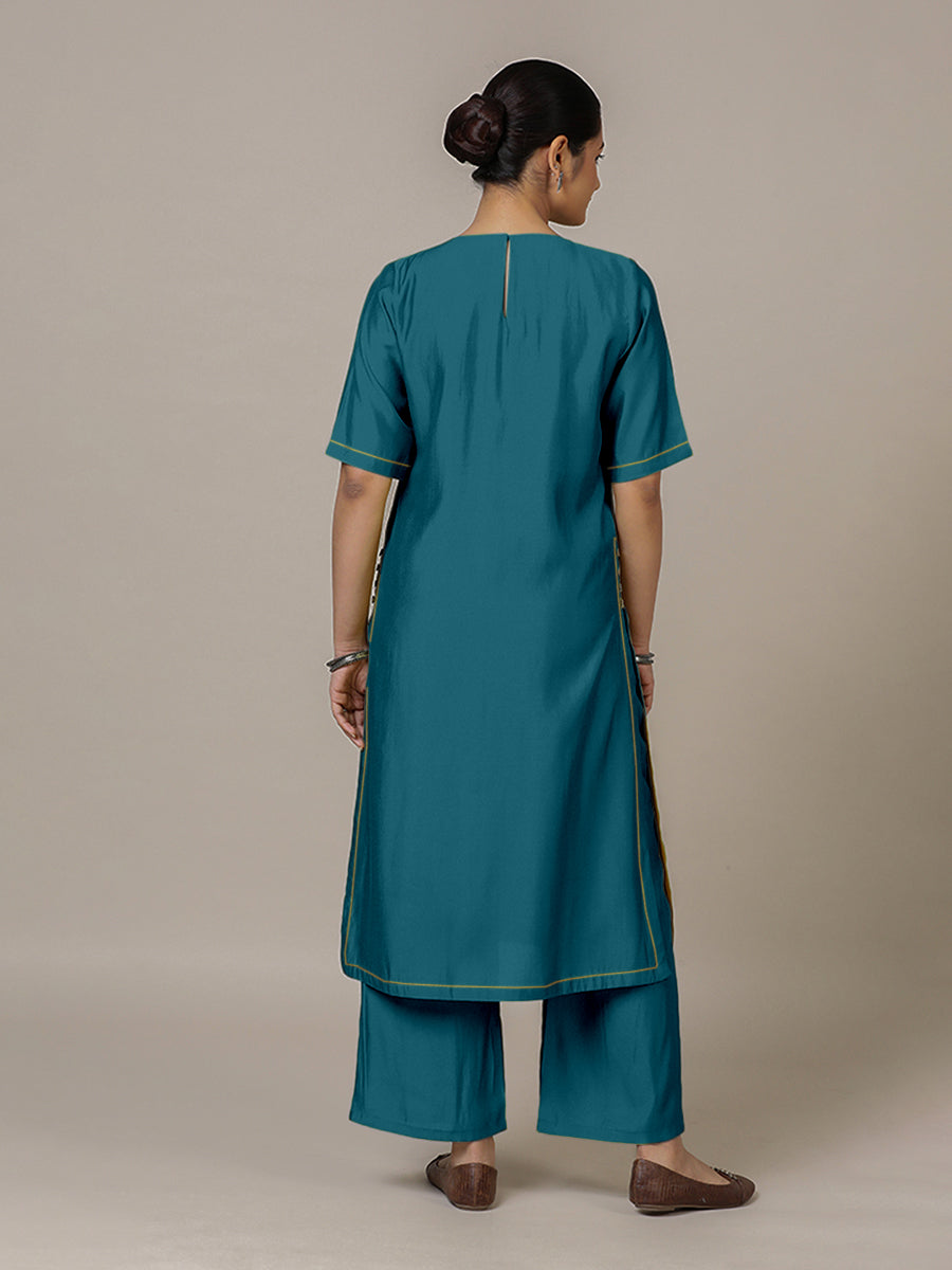 Riya x Rozaana Kurta, in Blue Viscose, featuring elbow sleeves and jewel neckline, made for daily & work (view 2).