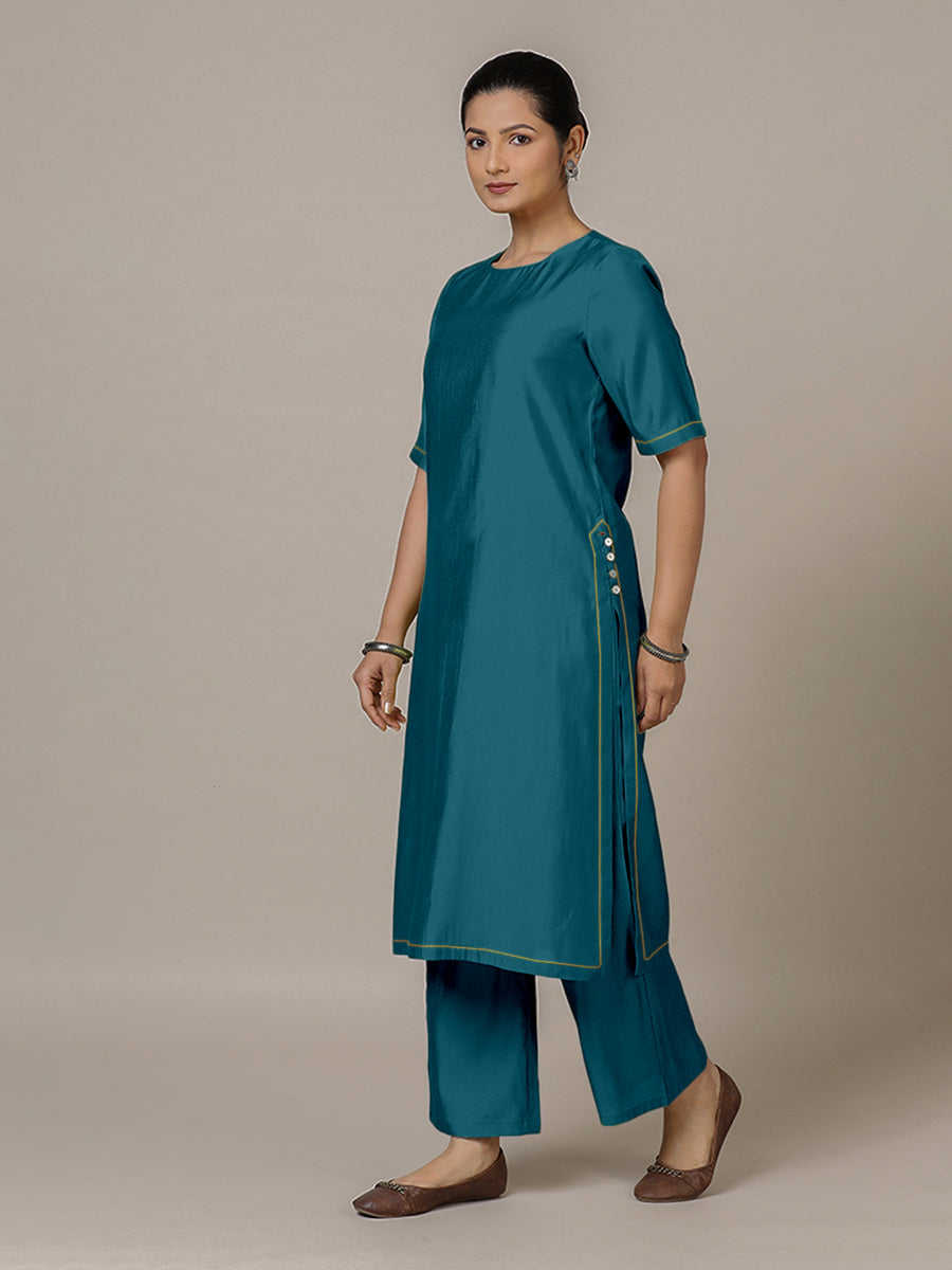 Riya x Rozaana Kurta, in Blue Viscose, featuring elbow sleeves and jewel neckline, made for daily & work (view 7).