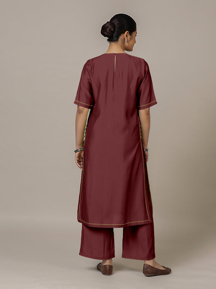 Riya x Rozaana Kurta, in Maroon Viscose, featuring elbow sleeves and jewel neckline, made for daily & work (view 2).