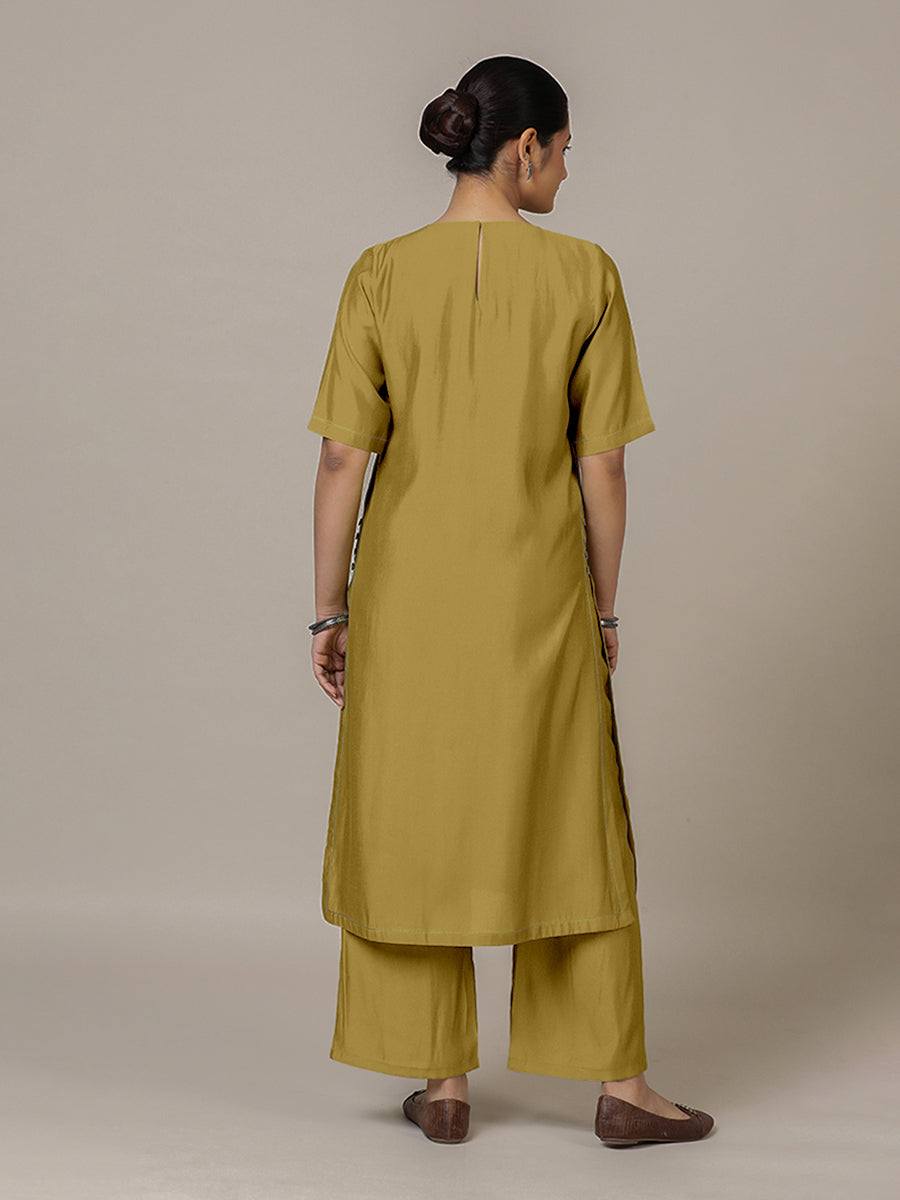 Riya x Rozaana Kurta, in Yellow Viscose, featuring elbow sleeves and jewel neckline, made for daily & work (view 2).