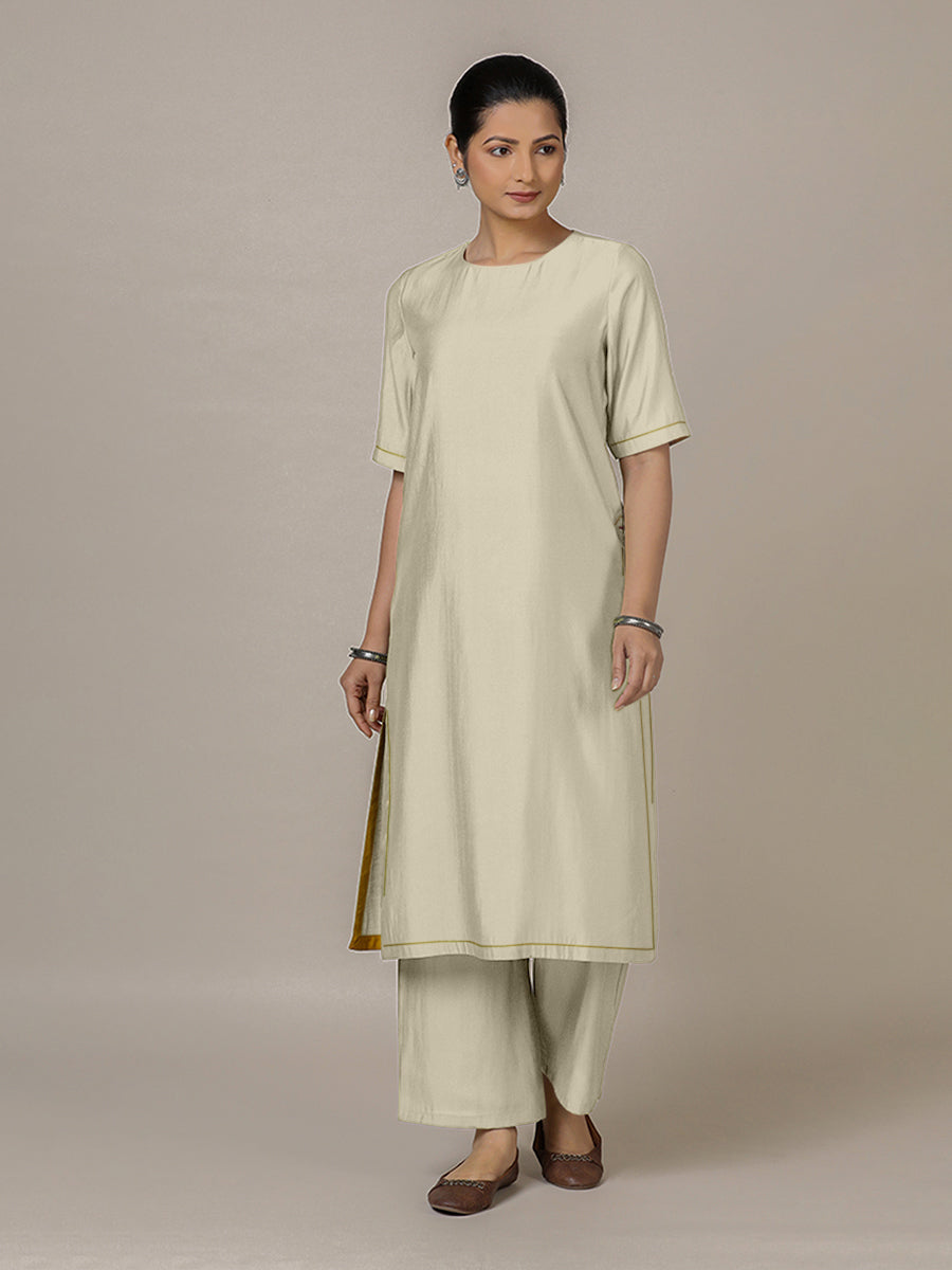 Riya x Rozaana Kurta, in Cream Viscose, featuring elbow sleeves and jewel neckline, made for daily & work (view 5).
