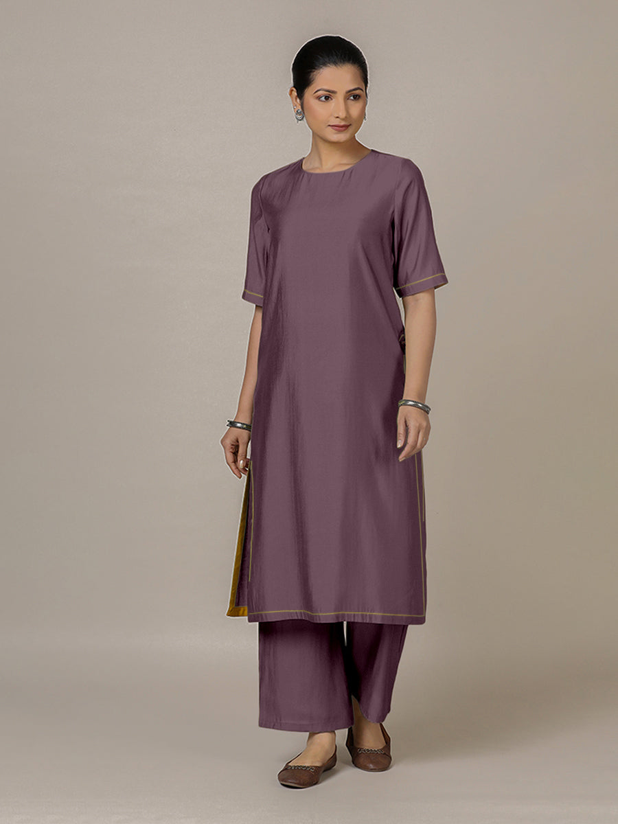 Riya x Rozaana Kurta, in Purple Viscose, featuring elbow sleeves and jewel neckline, made for daily & work (view 5).